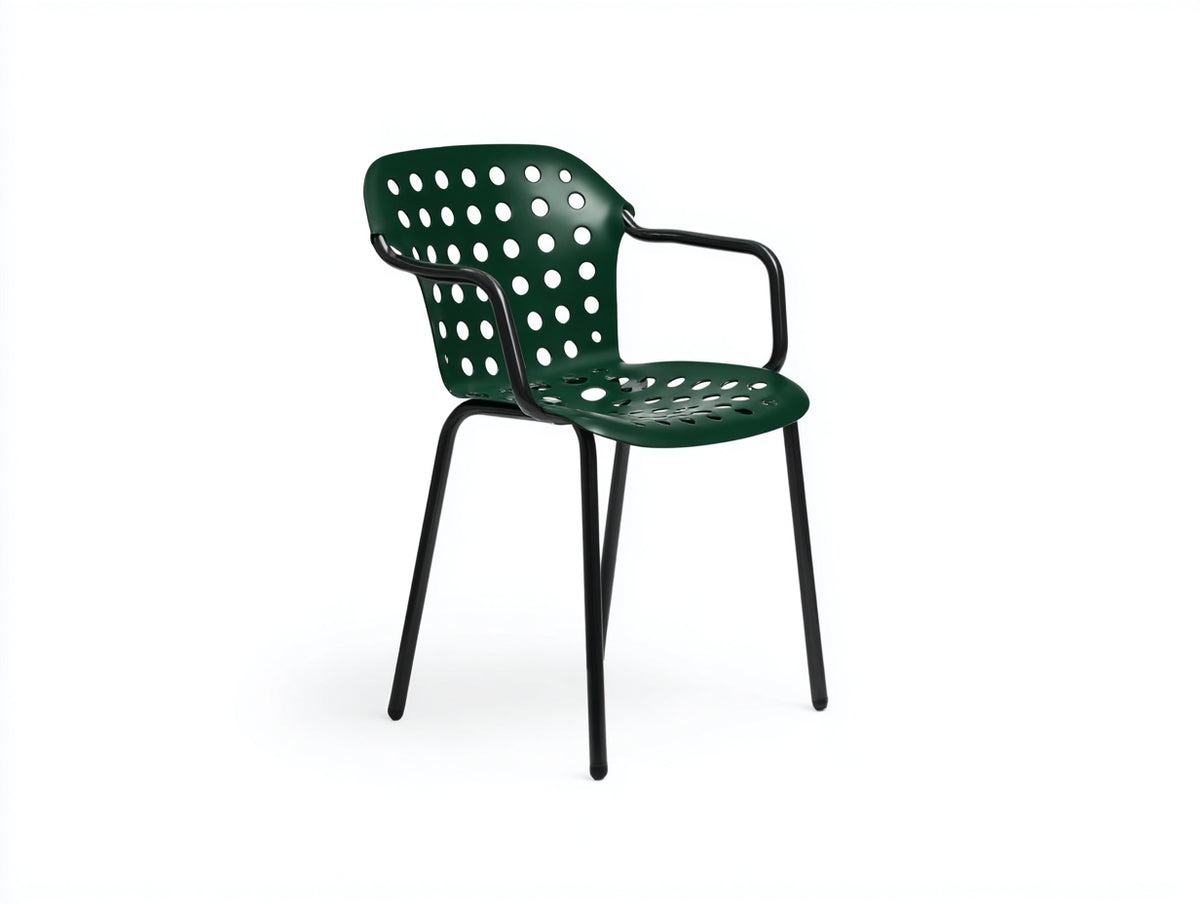 Poltrona in polipropilene e acciaio 59×61×84 cm – verde bosco e nero – scocca curva con fori circolari per camera da letto