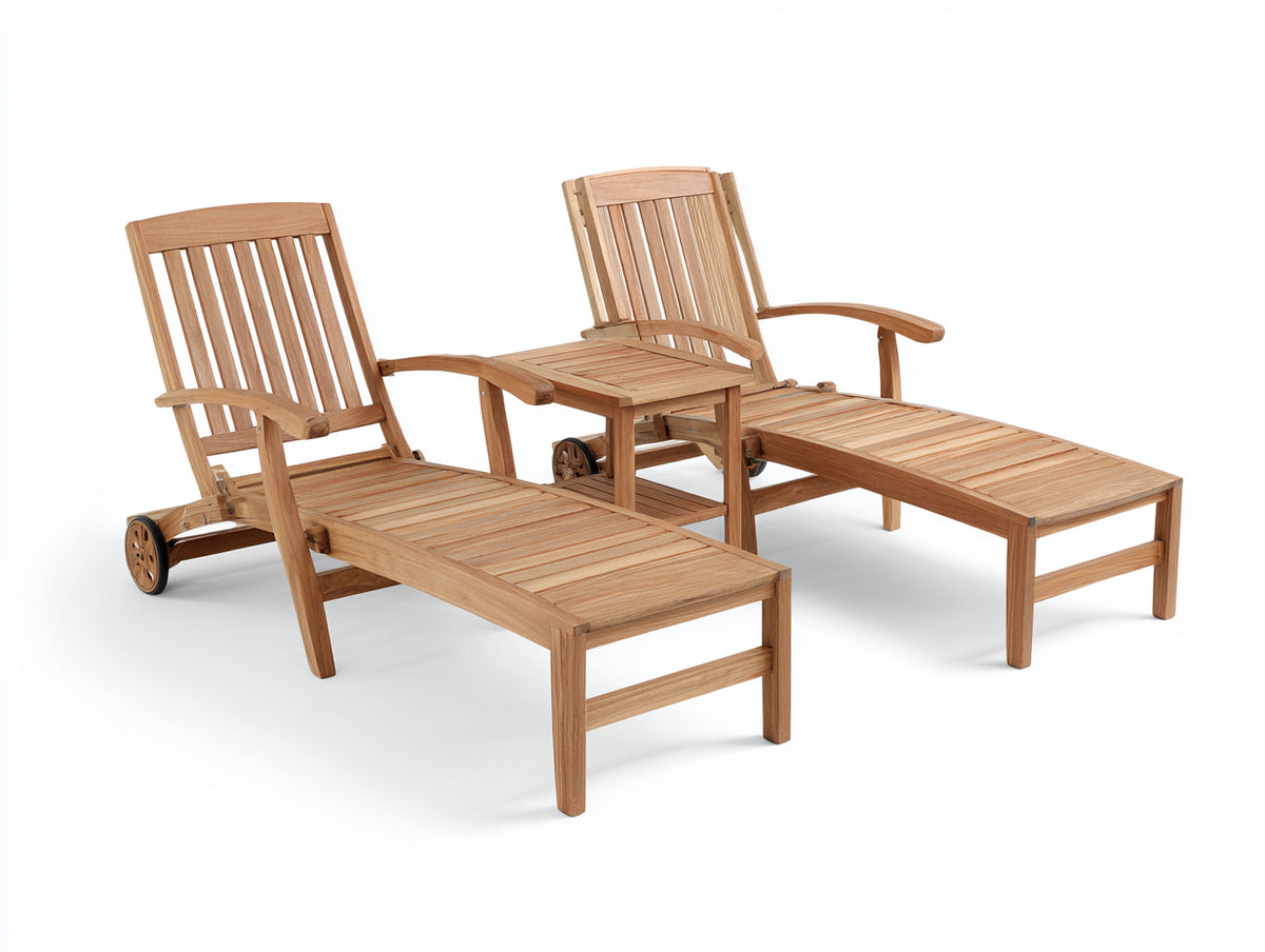 Poltrona Reclinabile doppia in legno 200x70x96 cm - legno naturale - con ruote e tavolino centrale per terrazza