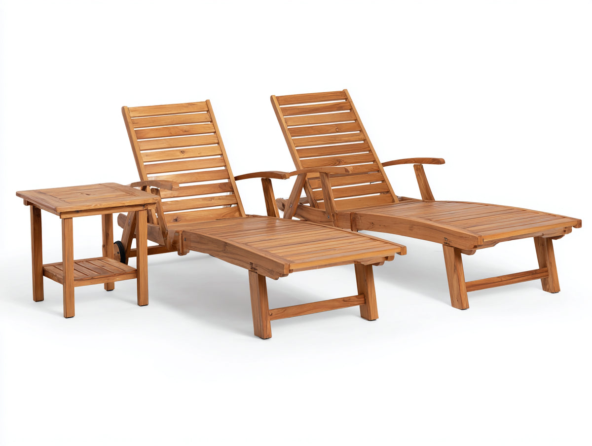 Poltrona Reclinabile doppia in legno 198x68x95 cm - marrone miele - con ruote e tavolino per terrazza
