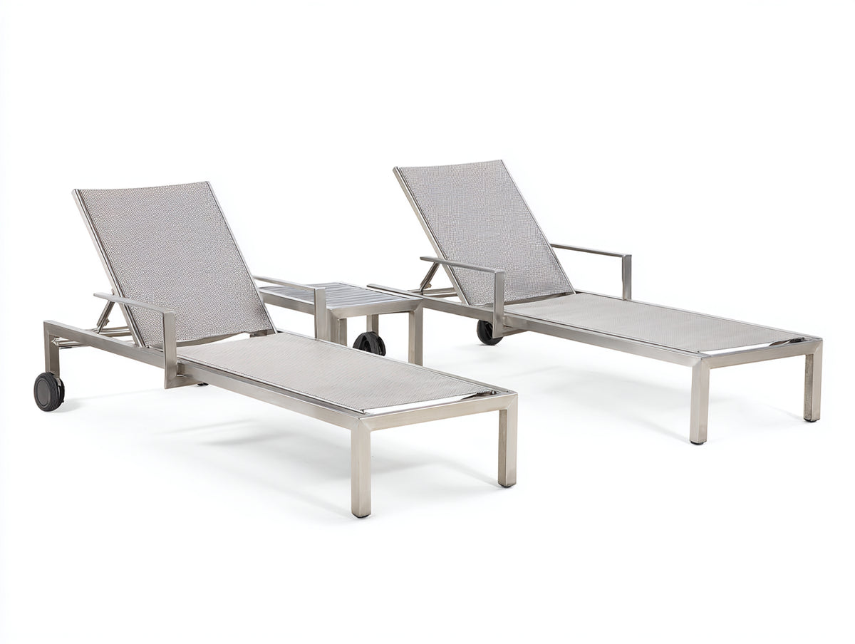 Poltrona Reclinabile da terrazza 200x68x96 cm - acciaio inox e textilene grigio - set da 2 con tavolino
