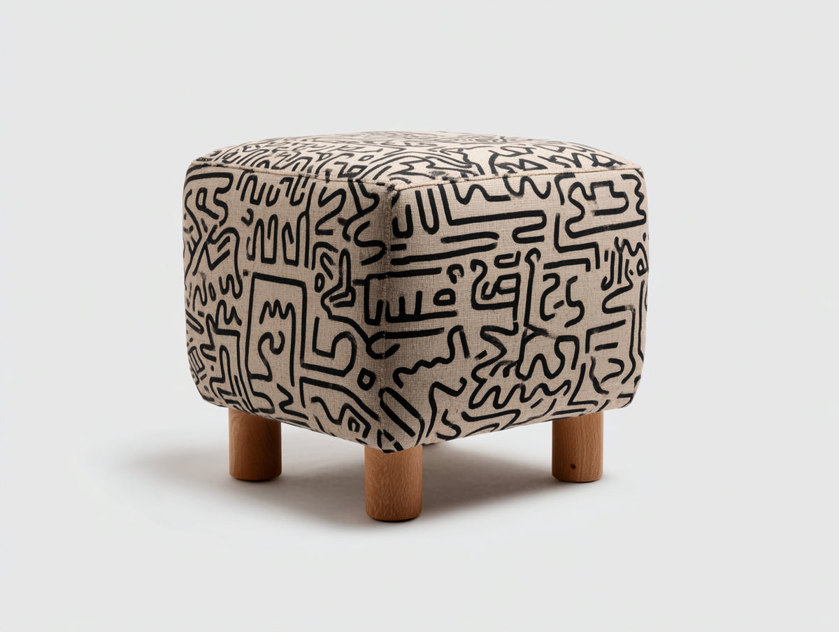 Pedale quadrato in tessuto 52×52×46 cm – beige nero e legno naturale – motivo lineare per soggiorno