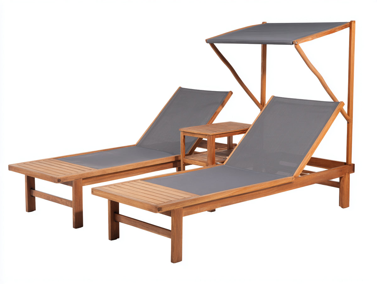 Poltrona Reclinabile doppia 205x154x188 cm - legno naturale e grigio - con tettuccio e tavolino per terrazza