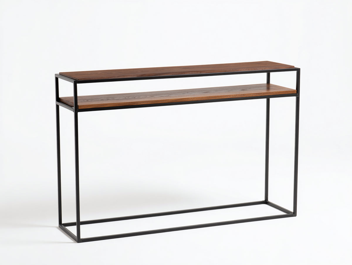 Console 120x32x82 cm - legno noce e acciaio nero - doppio ripiano stile industriale per soggiorno