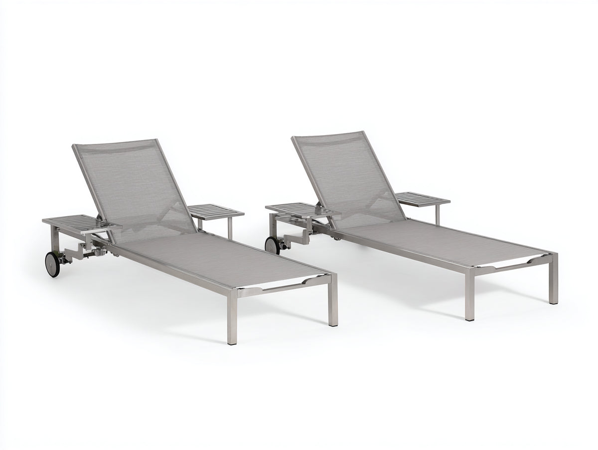 Poltrona Reclinabile da terrazza 202x72x98 cm - acciaio inox e textilene grigio - set da 2 con ripiani laterali