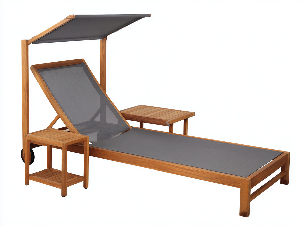 Poltrona Reclinabile in legno e textilene 205×72×180 cm – miele e grigio – parasole con 2 tavolini per terrazza