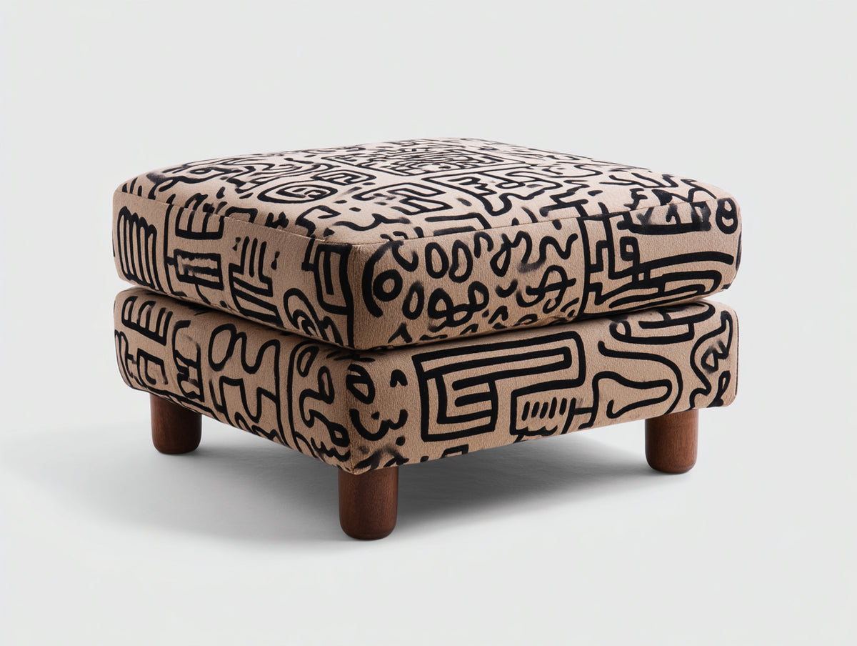 Pedale imbottito 72x62x44 cm - beige e nero - motivo grafico con piedini in legno