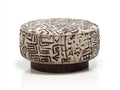 Pedale rotondo 72x72x42 cm - tessuto beige e nero con base in legno scuro - motivo astratto