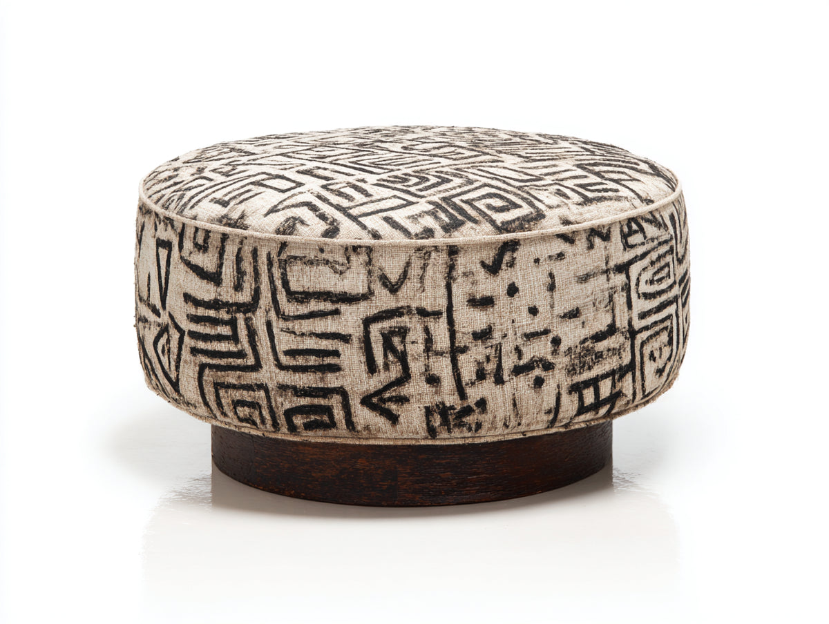 Pedale rotondo 72x72x42 cm - tessuto beige e nero con base in legno scuro - motivo astratto