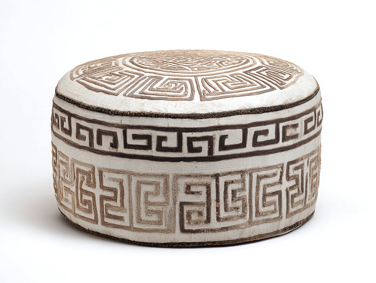 Pedale rotondo imbottito 70x70x38 cm - avorio e marrone - motivo geometrico decorativo per soggiorno