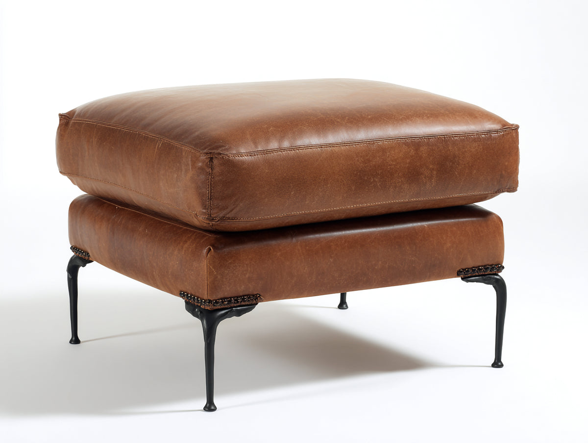 Pedale imbottito 75x65x48 cm - pelle marrone e gambe nere - doppio volume con angoli decorati