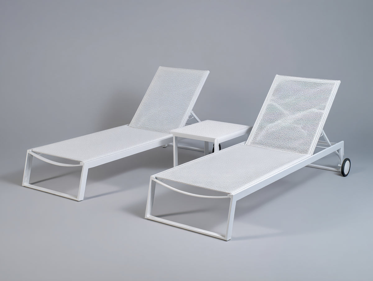 Set Poltrona Reclinabile in alluminio e textilene 198×66×96 cm – bianco – 2 lettini con tavolino per terrazza