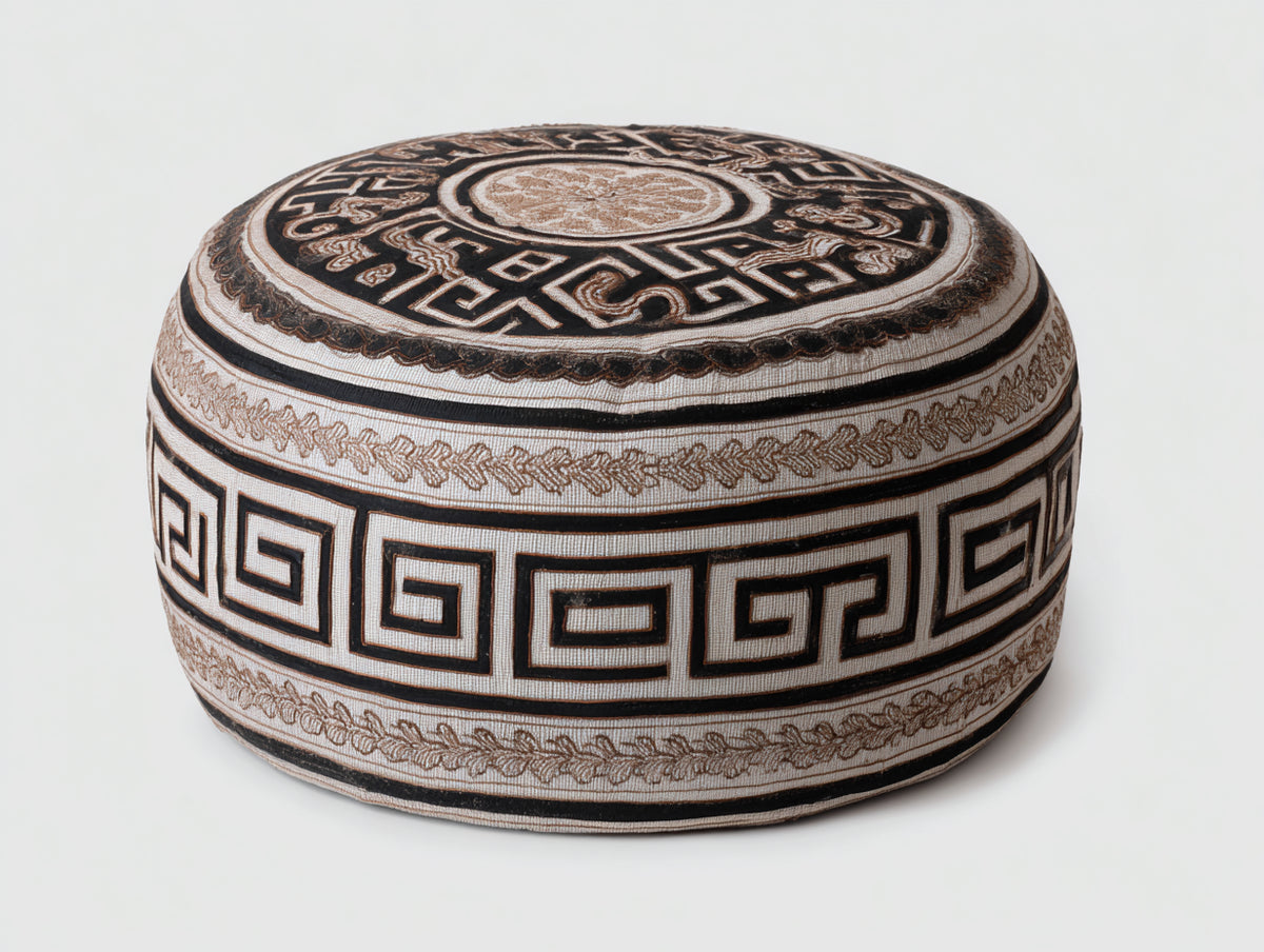 Pedale rotondo decorativo 74x74x40 cm - avorio marrone e nero - ricamo ornamentale per soggiorno