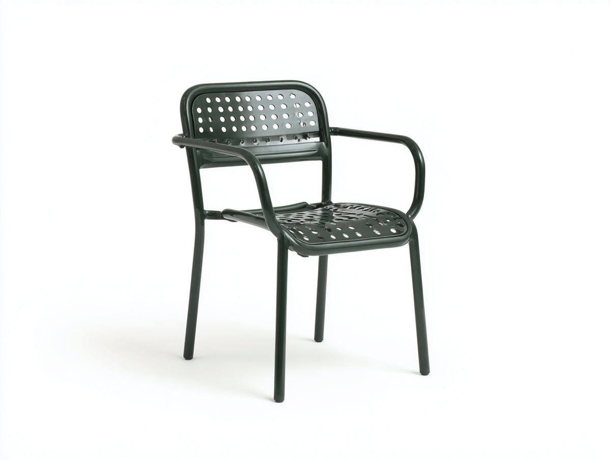 Poltrona compatta in acciaio forato 58×60×82 cm – verde oliva scuro – seduta concava con fori circolari per camera da letto