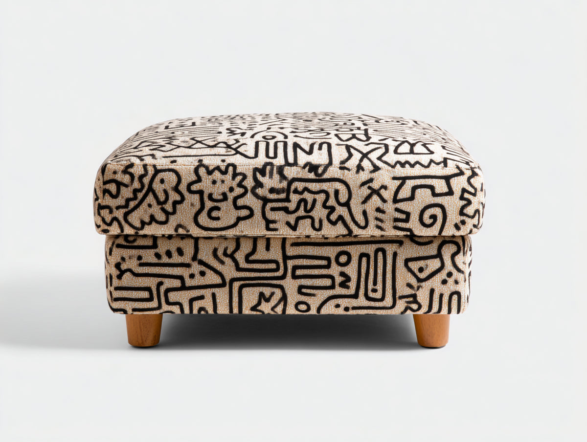 Pedale imbottito 70x60x43 cm - beige e nero - seduta decorativa con base in legno