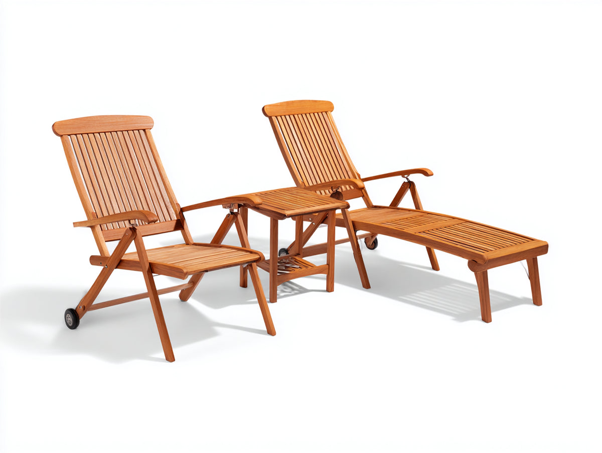Set Poltrona Reclinabile in legno 175×61×103 cm – miele – 2 sedute con poggiagambe e tavolino per terrazza